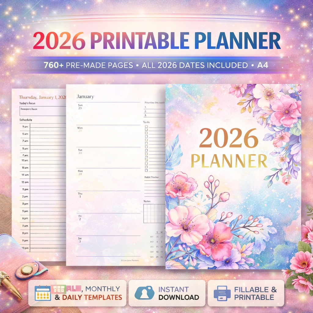 2026 Printable Planner PDF – Weekly, Monthly & Daily Digital Planner with Budget, Wellness & Goal Trackers (Instant Download)
