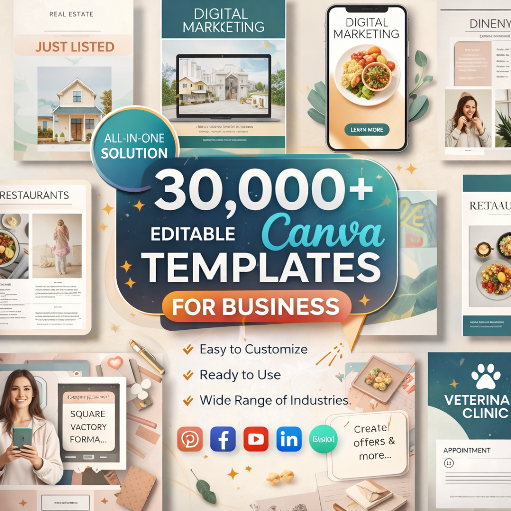 30,000+ Editable Canva Templates Bundle for Social Media & Marketing