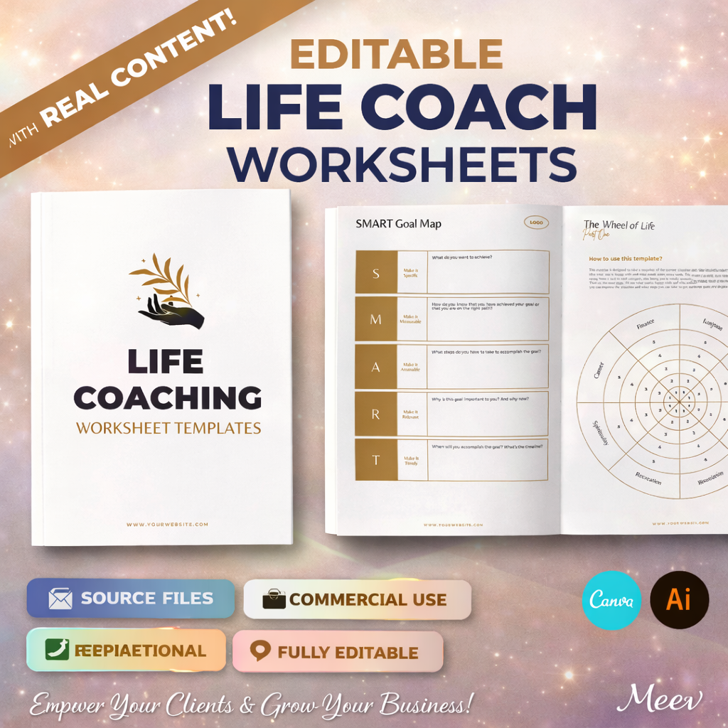30 Life Coach Worksheets Bundle – Editable Canva Coaching Templates – Meev