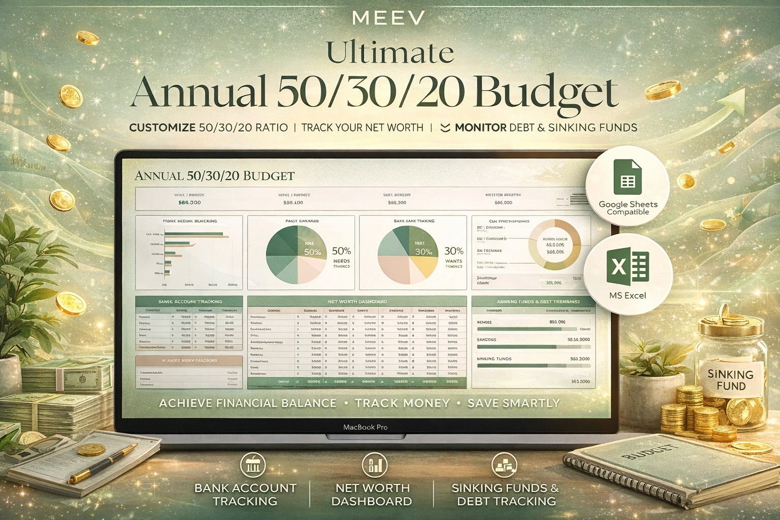 Ultimate Annual 50/30/20 Budget Spreadsheet for Google Sheets & Excel | Simple Personal Budget Planner with Debt Payoff & Net Worth Tracker