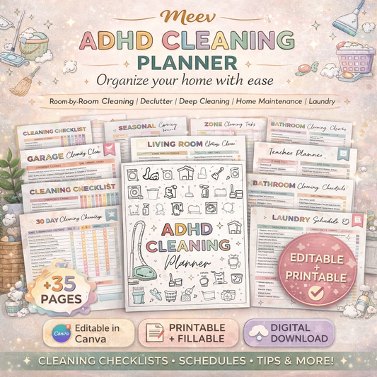 ADHD Cleaning Planner Printable & Canva Editable Home Organizer