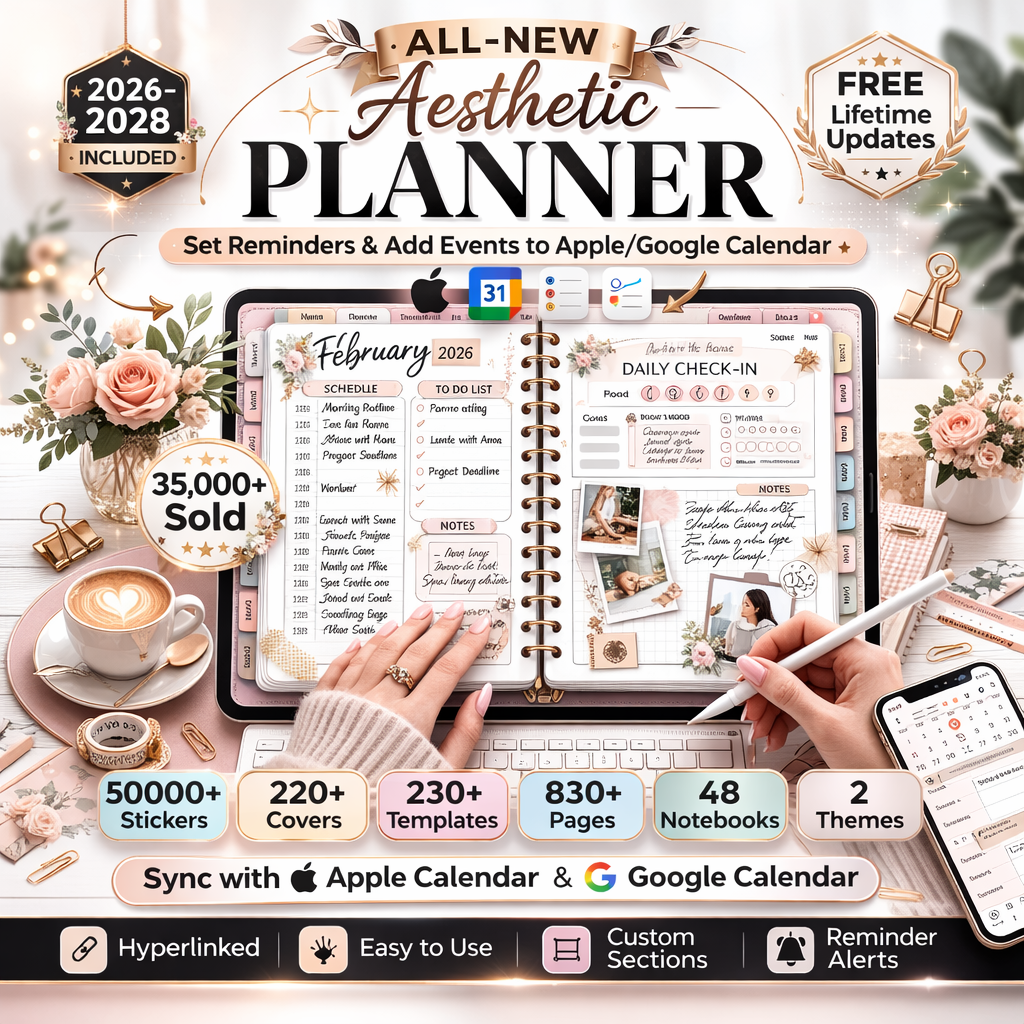 Aesthetic Digital Planner 2026–2028 with Calendar Links & Stickers