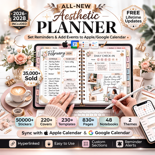 Aesthetic Digital Planner 2026–2028 with Calendar Links & Stickers