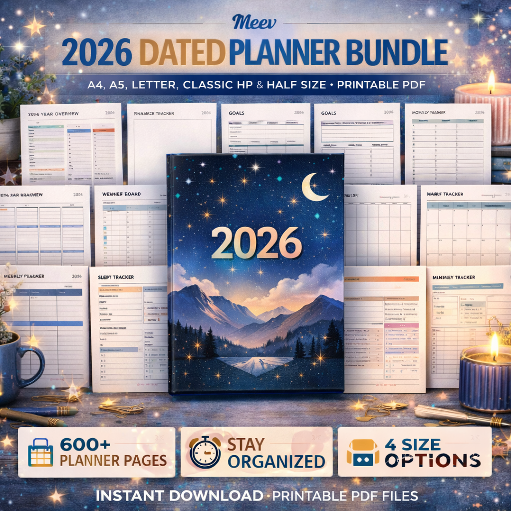 2026 Dated Printable Planner Bundle – 600+ Pages Daily, Weekly & Monthly Planner | A4, A5, US Letter Digital Download