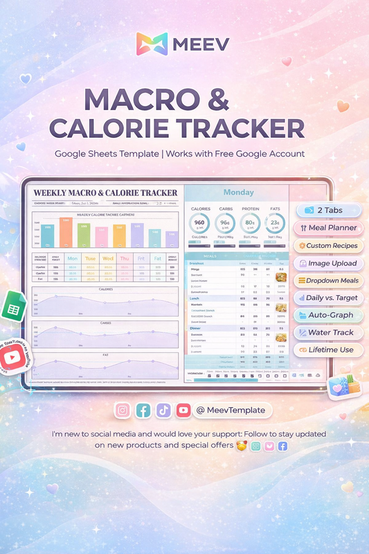 Weekly Macro & Calorie Tracker Google Sheets Template – Automated Meal Planner Spreadsheet – Instant Digital Download