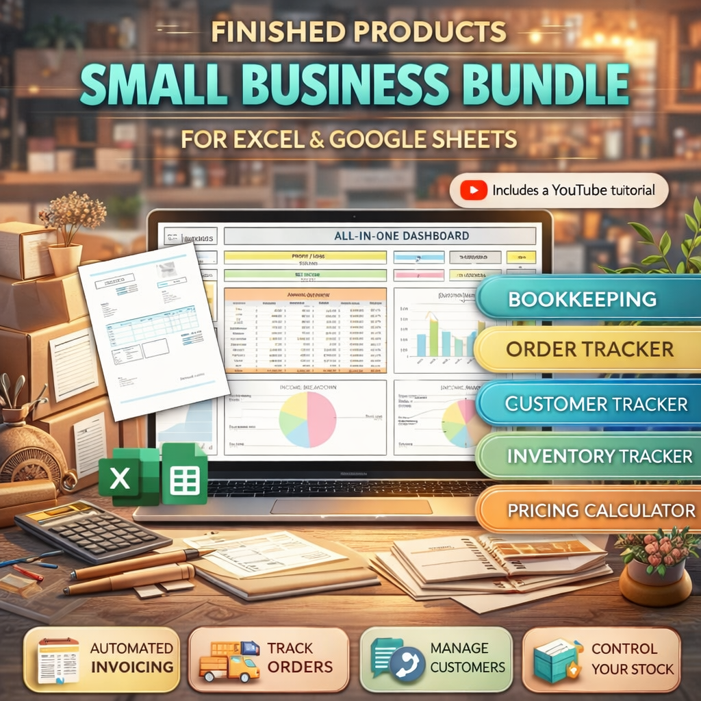 Small Business Tracker Spreadsheet for Google Sheets & Excel – Inventory, Bookkeeping, Order & Customer Management Template