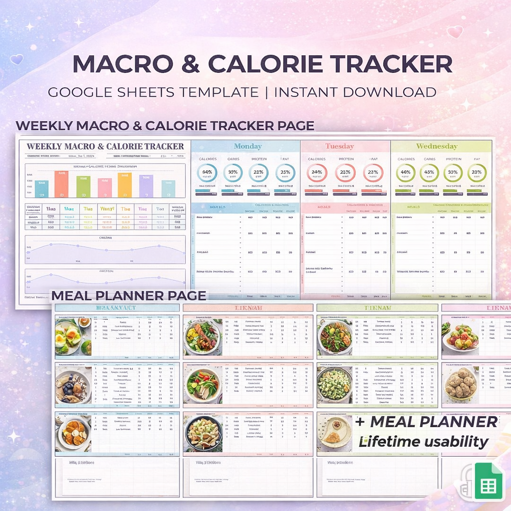 Weekly Macro & Calorie Tracker Google Sheets Template – Automated Meal Planner Spreadsheet – Instant Digital Download
