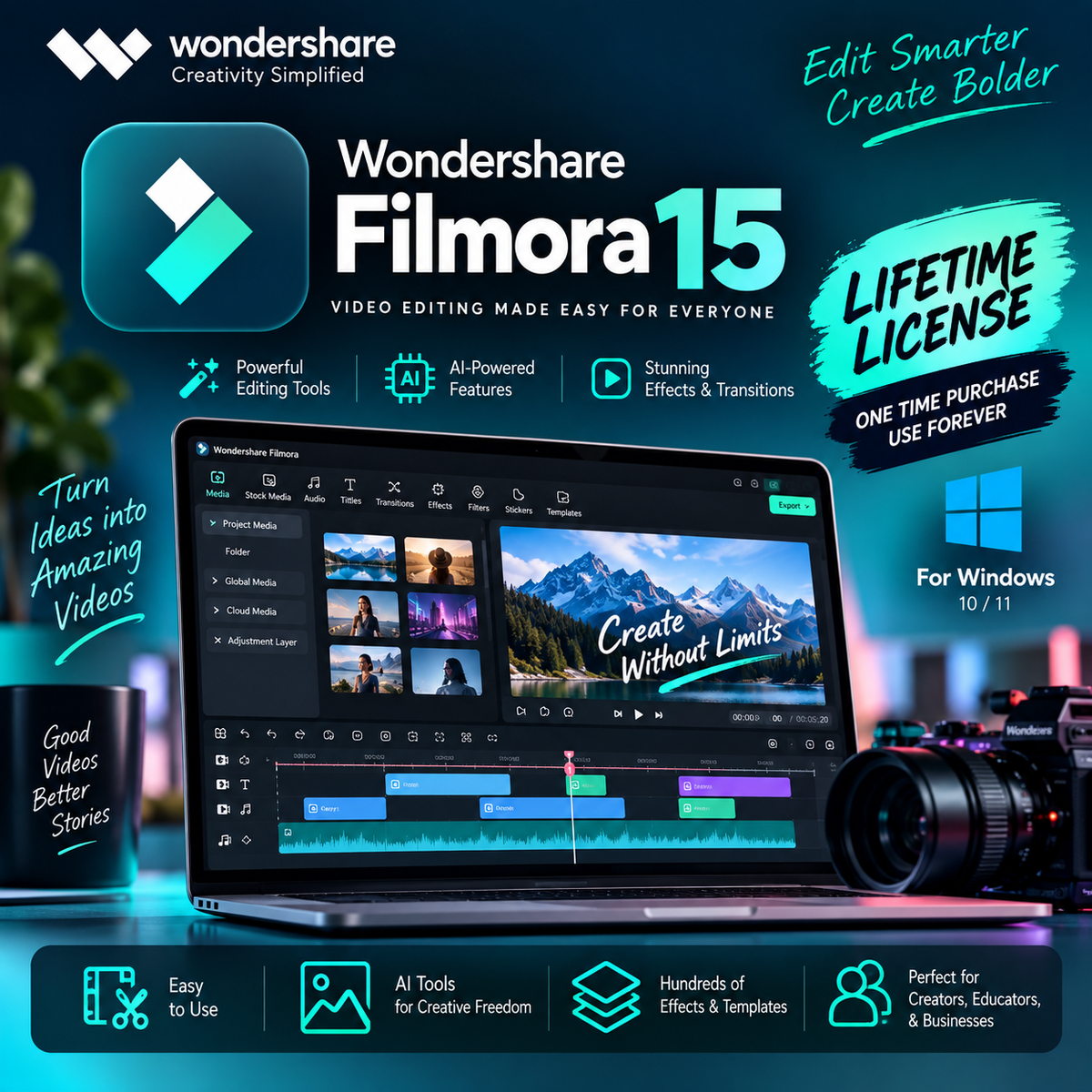 Wondershare Filmora 15 Lifetime License for Windows