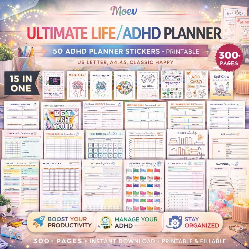 Mega ADHD Planner Bundle Printable 300 Pages – Ultimate Life & Productivity Planner for Adults, Digital Organizer A4 A5 US Letter + Stickers