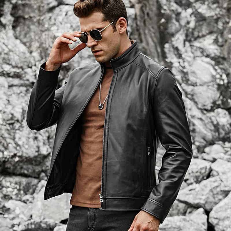 Men's Real Black Leather Jacket with Short Standing Collar