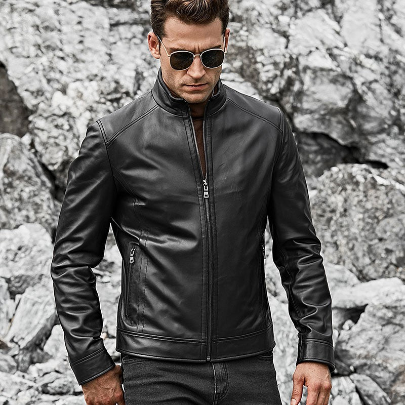 Men's Real Black Leather Jacket with Short Standing Collar