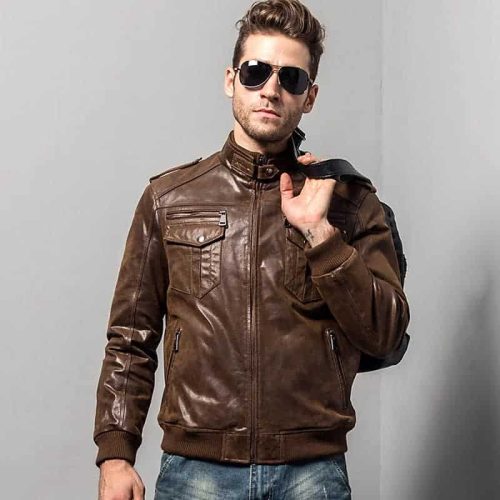 Men's Brown Bomber Leather Jacket with Rib Collar