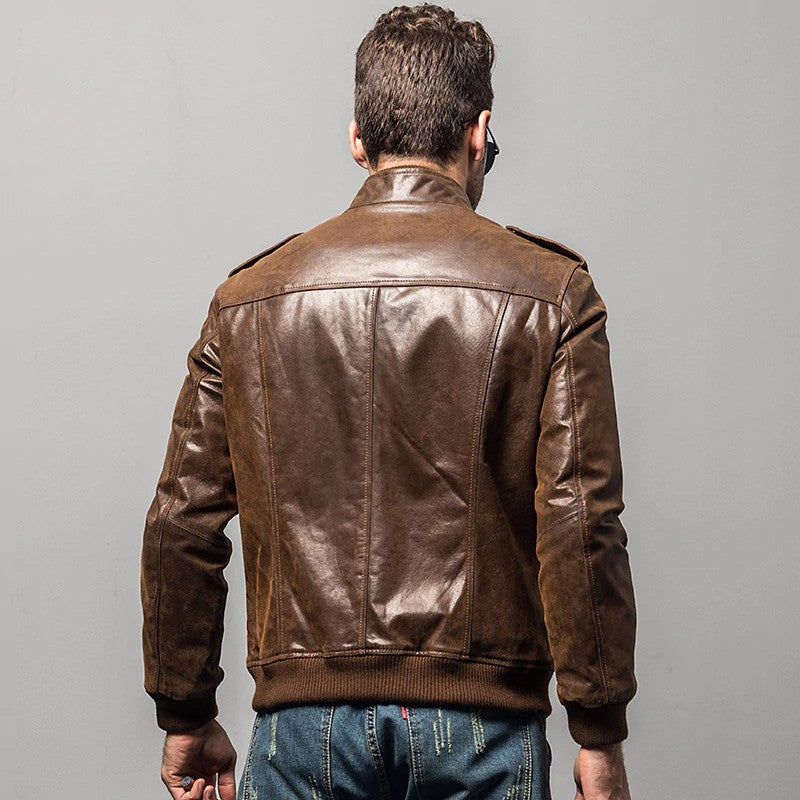 Men's Brown Bomber Leather Jacket with Rib Collar