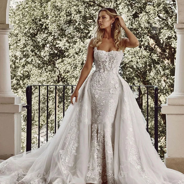 Detachable 2 In 1 Wedding Mermaid Dress Organza With Embroidery Ball Gown Square Collar Sleeveless Customized Vestido De Novia