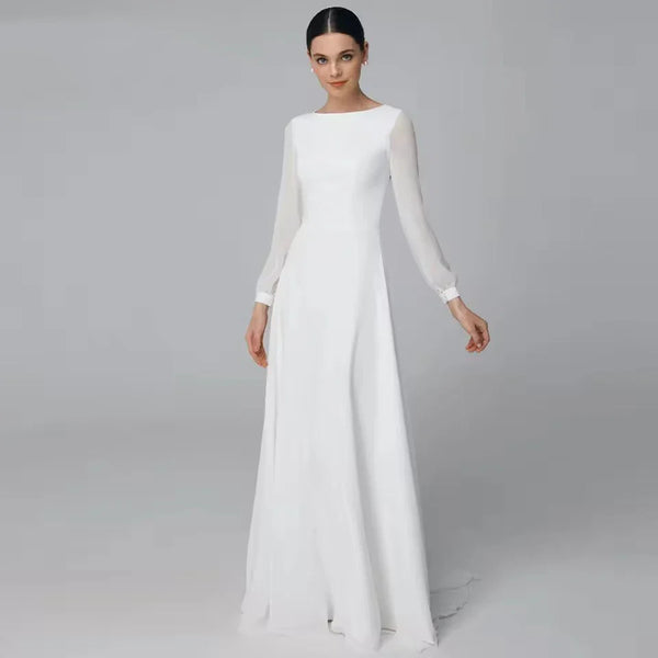 Exquisite Ivory A-Line Wedding Dress  |  O-Neck Satin Chiffon Floor-Length Bridal Gown | Custom-Made 2025 Design