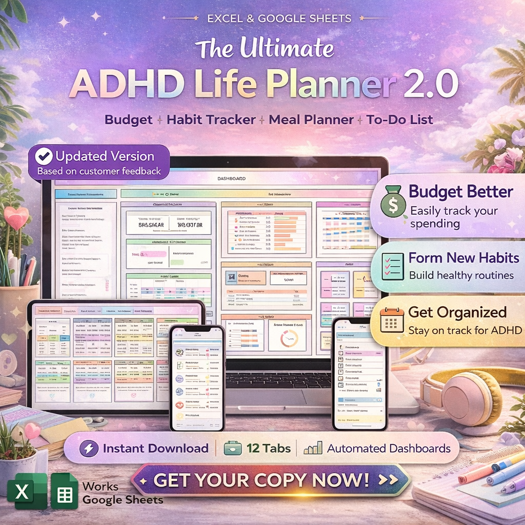 ADHD Life Planner Google Sheets & Excel Template (2026–2027) – Digital Goal, Budget, Habit & Productivity Tracker