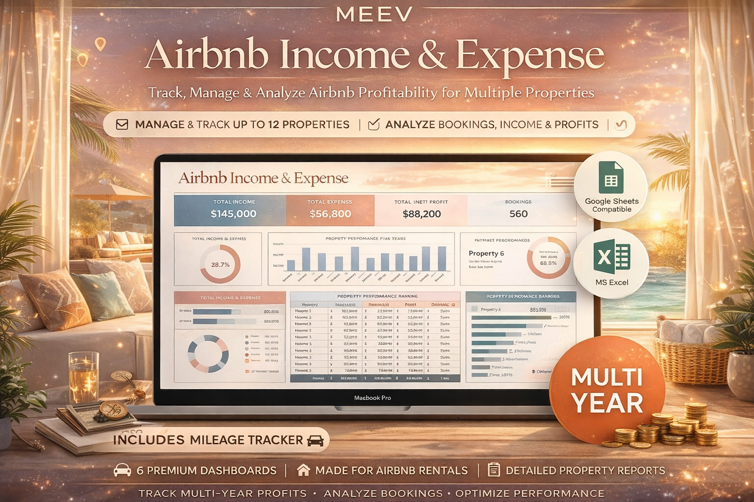 Airbnb Income & Expense Tracker Spreadsheet – Airbnb Management Template for Vacation Rental Bookkeeping (Google Sheets & Excel)