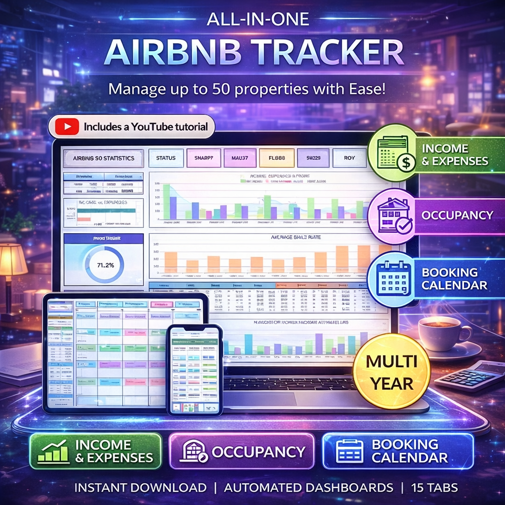 Airbnb Tracker Spreadsheet for Google Sheets & Excel – Short-Term Rental Income & Expense Tracker with Dashboard, Booking Calendar & Profit Analysis