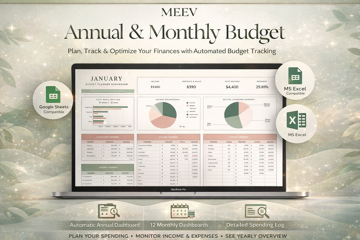Simple Annual Budget Spreadsheet for Google Sheets & Excel – Personal Budget Planner Template with Automatic Calculations & Dashboard
