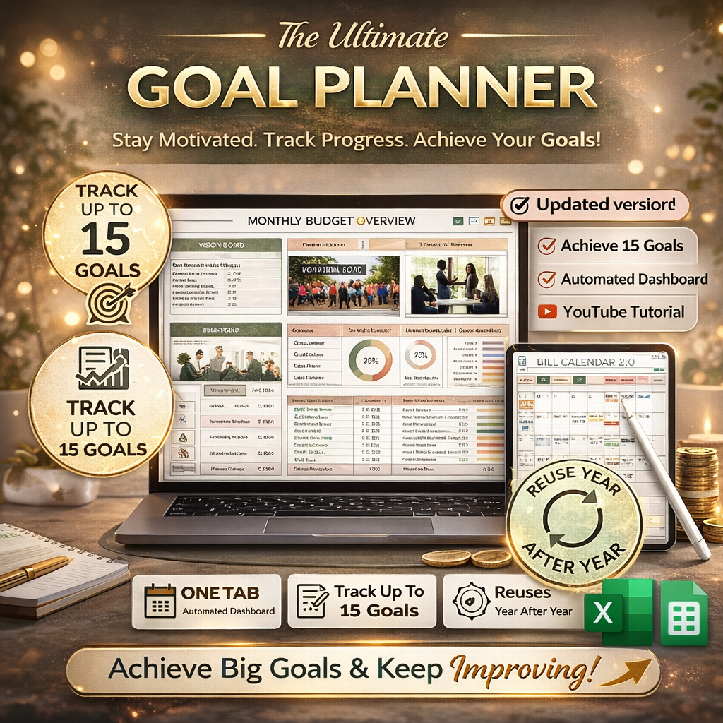 Ultimate Goal Planner Spreadsheet for Google Sheets & Excel – Digital Goal Tracking Template with Automated Dashboard & Progress Tracker