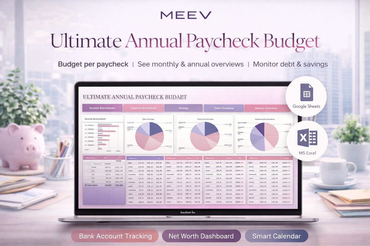 Annual Paycheck Budget Template for Excel & Google Sheets – Biweekly & Weekly Budget Spreadsheet, Personal Finance Planner & Debt Payoff Tracker