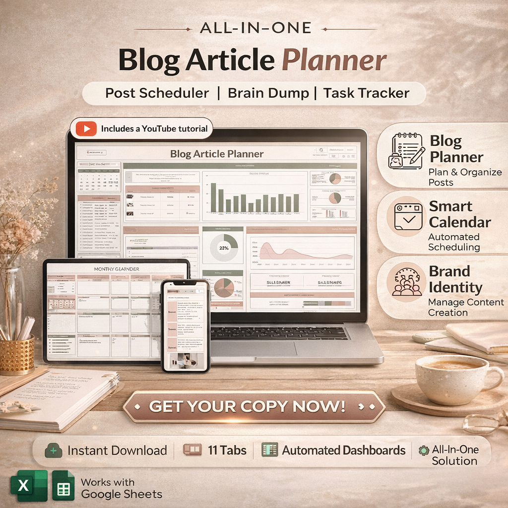 Blog Article Planner Spreadsheet for Bloggers – Content Calendar, Task Tracker & Dashboard (Google Sheets & Excel)