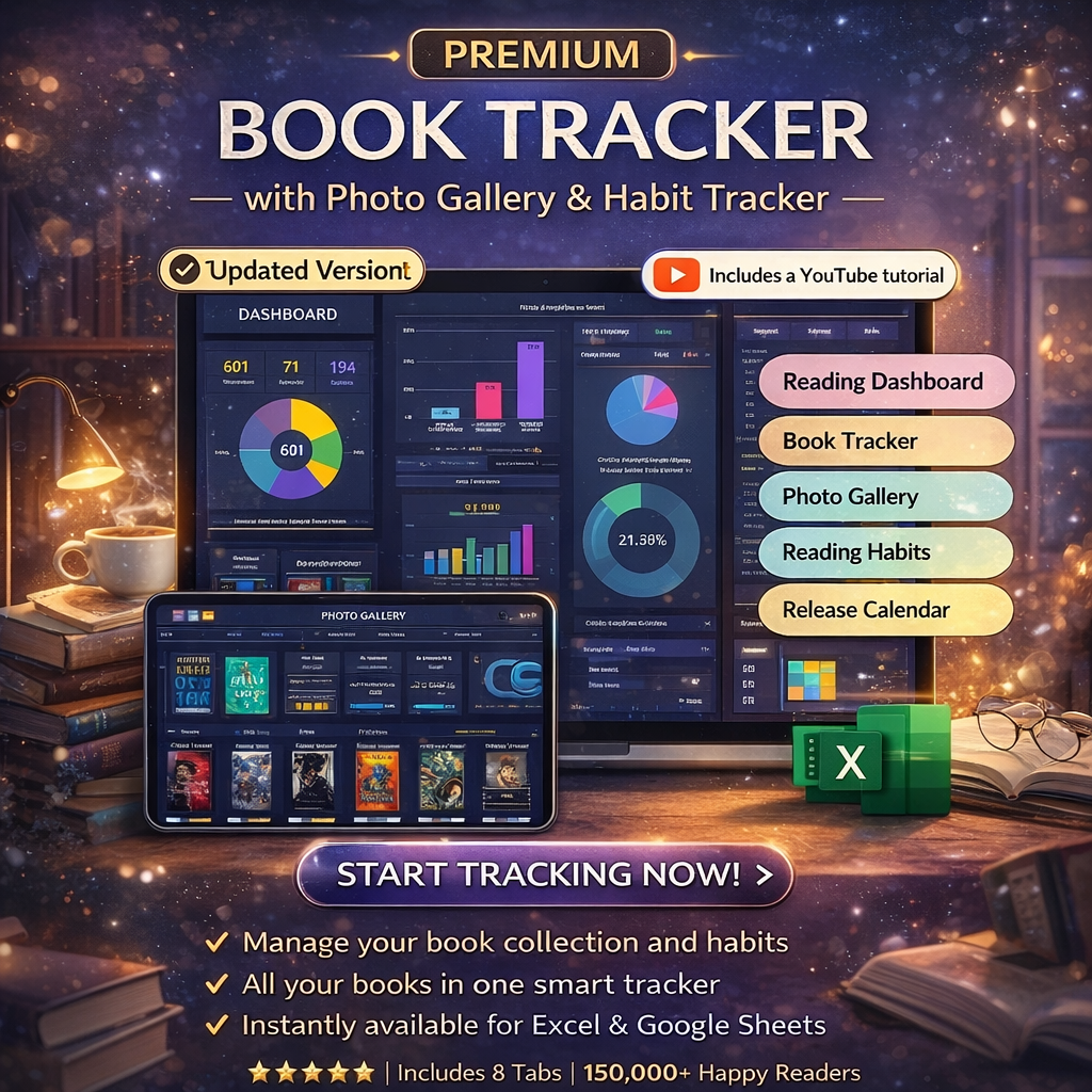 Premium Book Tracker Spreadsheet – Dark Mode Reading Journal for Google Sheets & Excel | Digital Book Log, Reading Planner & Library Organizer