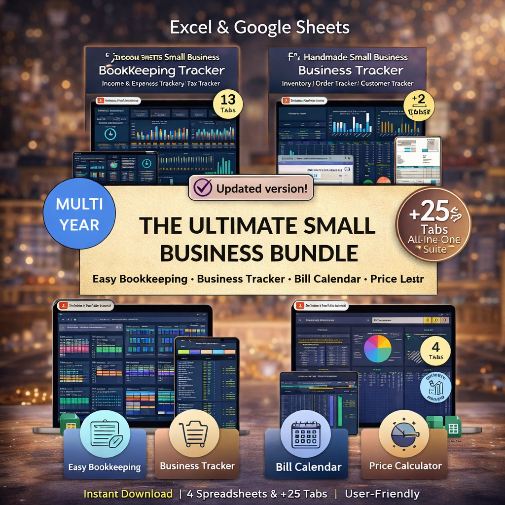 Ultimate Small Business Spreadsheet Bundle (Dark Mode) – Bookkeeping, Inventory, Pricing & Bill Tracker for Google Sheets & Excel