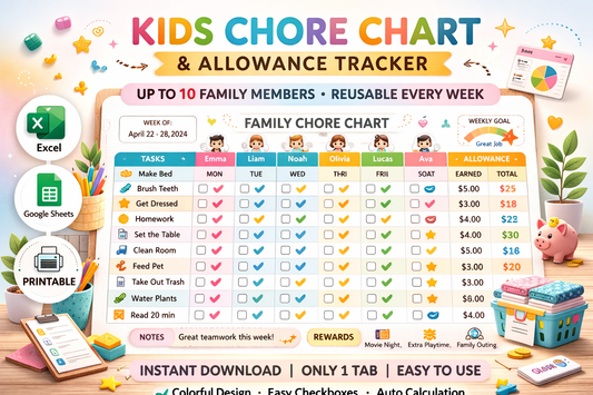 Family Chore Chart & Allowance Google Sheets Planner – Weekly Cleaning Checklist & Daily Chore Tracker for Kids