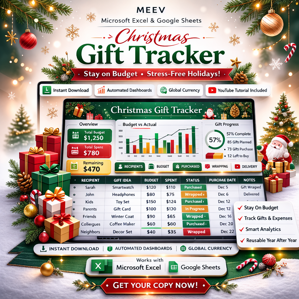 Christmas Gift Tracker Spreadsheet – Holiday Budget Planner & Gift List Template for Google Sheets & Excel (Dark & Light Mode)