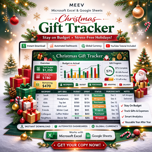 Christmas Gift Tracker Spreadsheet – Holiday Budget Planner & Gift List Template for Google Sheets & Excel (Dark & Light Mode)