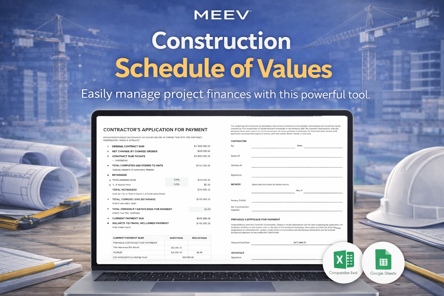 Construction Schedule of Values Template – Payment Application & Progress Billing Spreadsheet (Excel & Google Sheets)