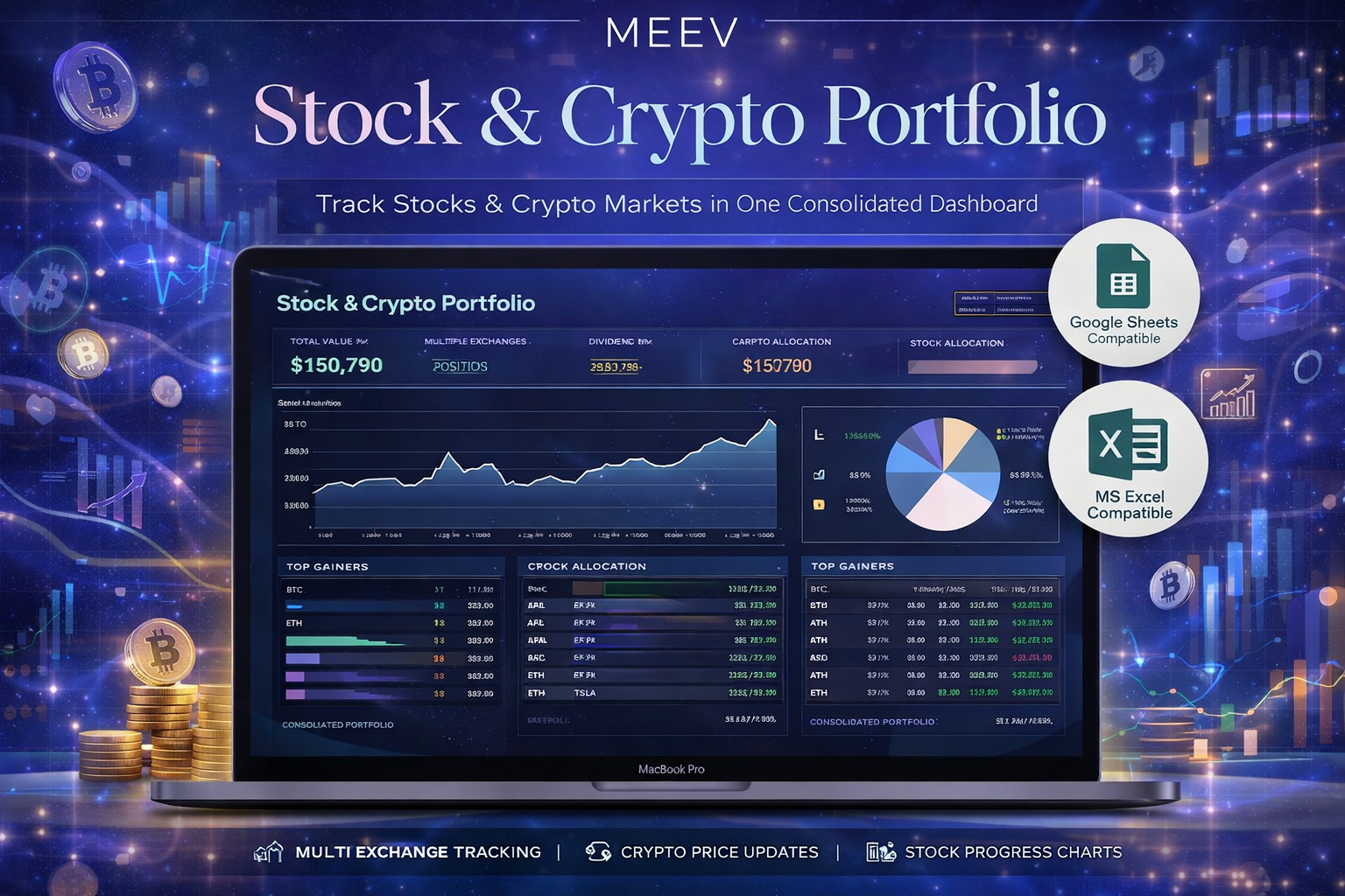 Stock & Crypto Portfolio Tracker Spreadsheet for Google Sheets – Investment Dashboard with Diversification, Dividends & Multi-Currency Support