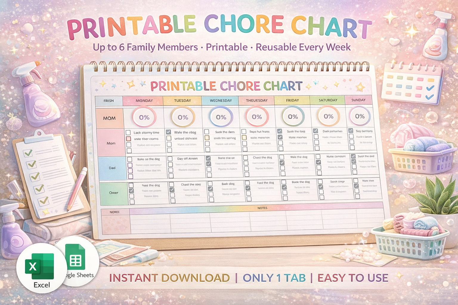 Printable Family Chore Chart Google Sheets & Excel Template – Weekly Cleaning Checklist & Daily Kids Chore Planner