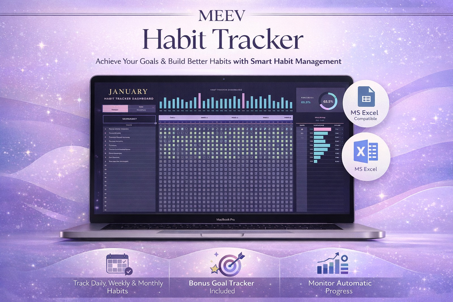 Ultimate Habit Tracker Spreadsheet – Simple Daily, Weekly & Monthly Habit Tracker Google Sheets & Excel Template with Goal & Time Management Dashboard