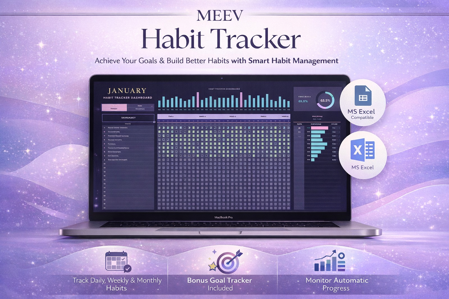 Ultimate Habit Tracker Spreadsheet – Simple Daily, Weekly & Monthly Habit Tracker Google Sheets & Excel Template with Goal & Time Management Dashboard