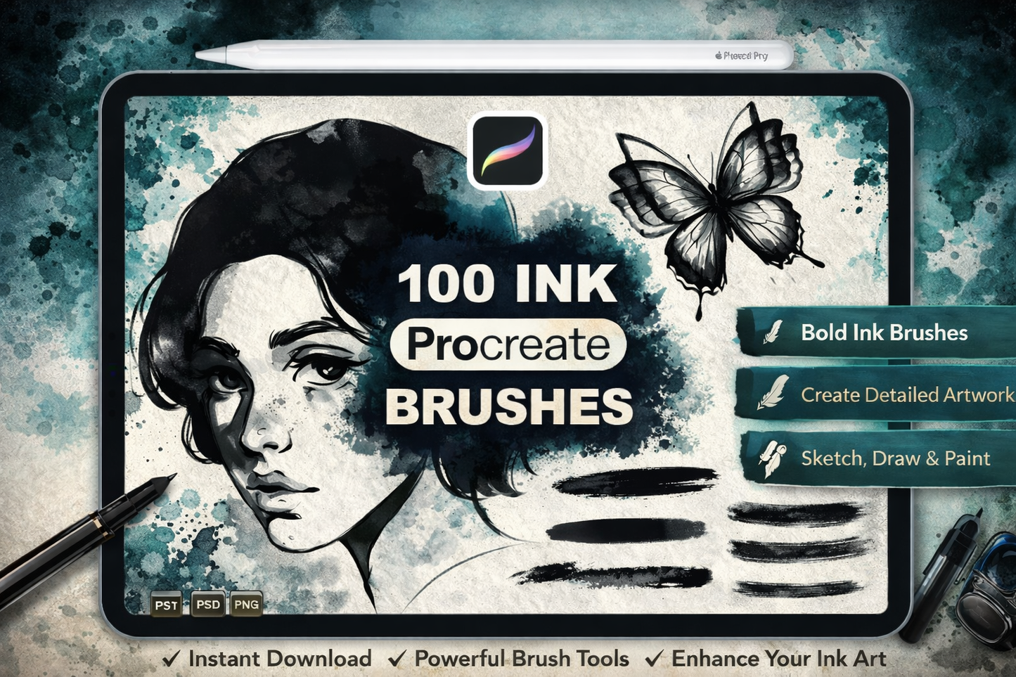Ink Brush Set for Procreate – 83 Realistic Ink Brushes, 13 Texture Stamps & Paper Canvases for iPad Line Art, Comics & Tattoo Illustration