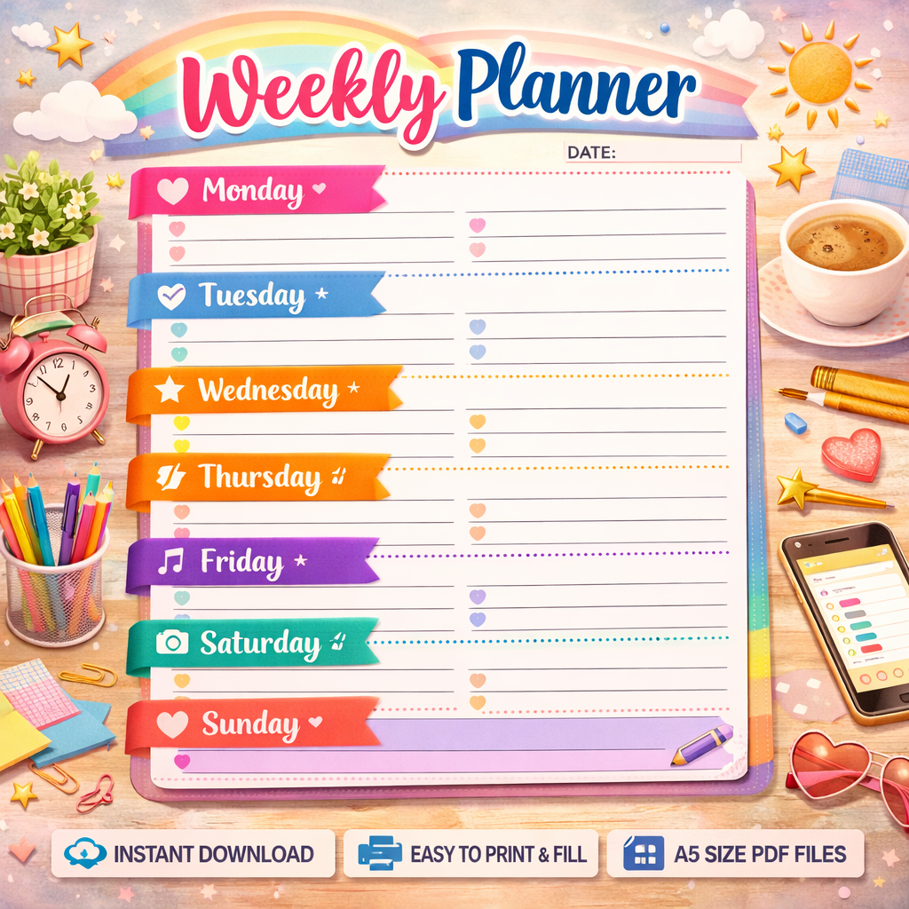 Editable Weekly Planner Template Canva | Minimal Weekly Schedule Printable | A4 & US Letter Weekly Organizer for Productivity