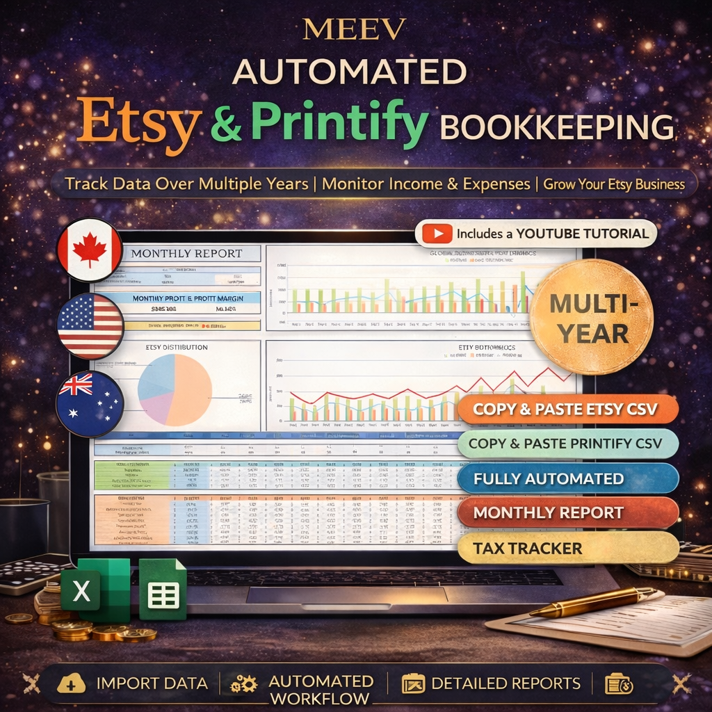 Printify Etsy bookkeeping spreadsheet dashboard overview