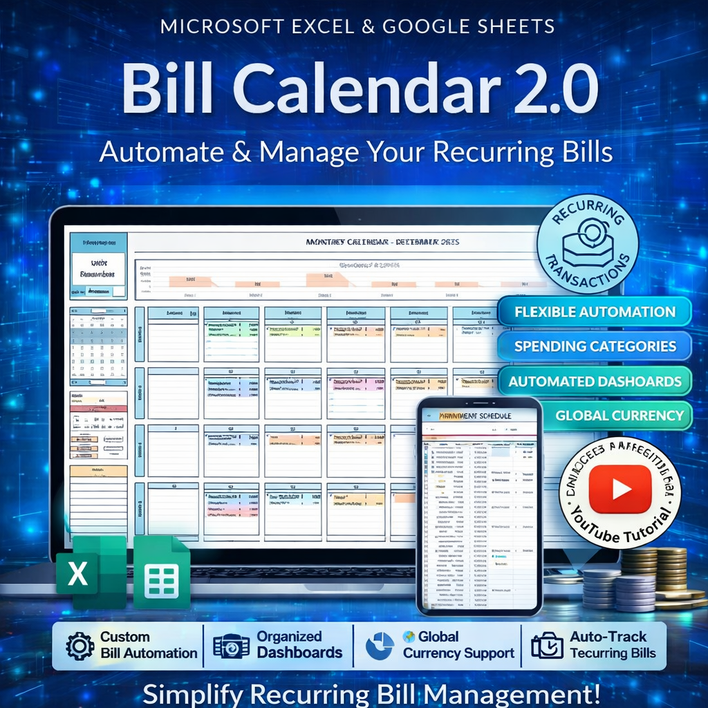 Smart Bill Calendar Spreadsheet for Google Sheets & Excel – Automated Monthly Budget Planner & Recurring Bill Tracker (Instant Download)