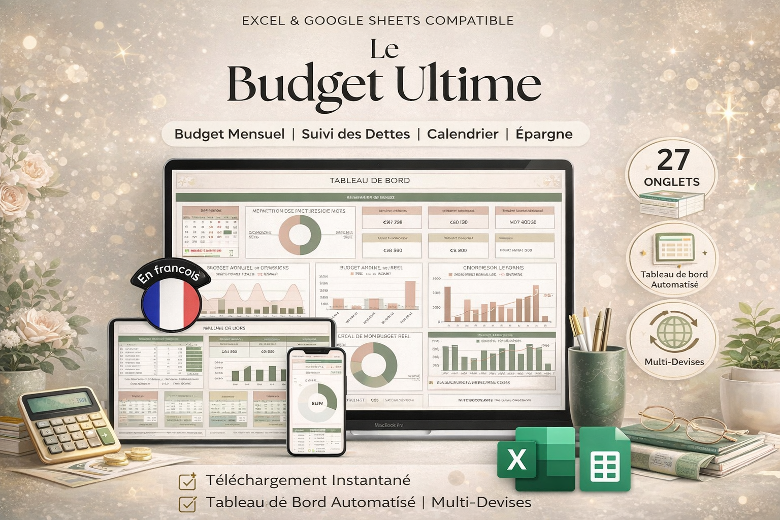 Ultimate Budget Planner Spreadsheet for Google Sheets & Excel – All-in-One Personal Finance Tracker, Debt & Savings Dashboard (French Version)