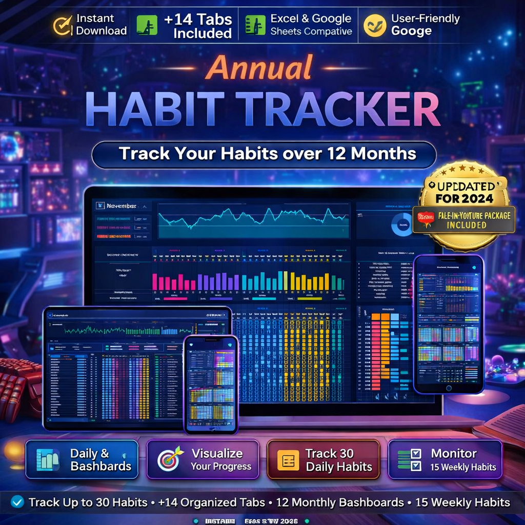 Digital habit planner with 12 monthly tracking tabs