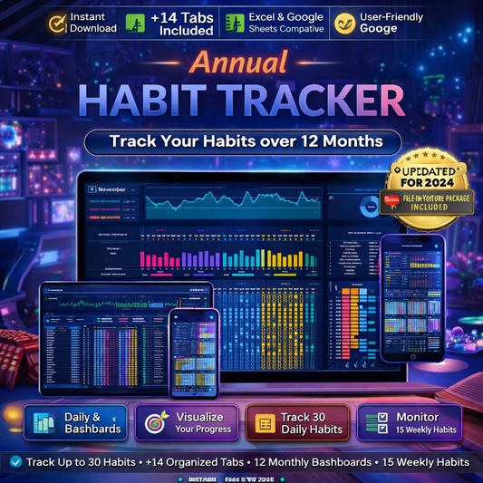 Digital habit planner with 12 monthly tracking tabs