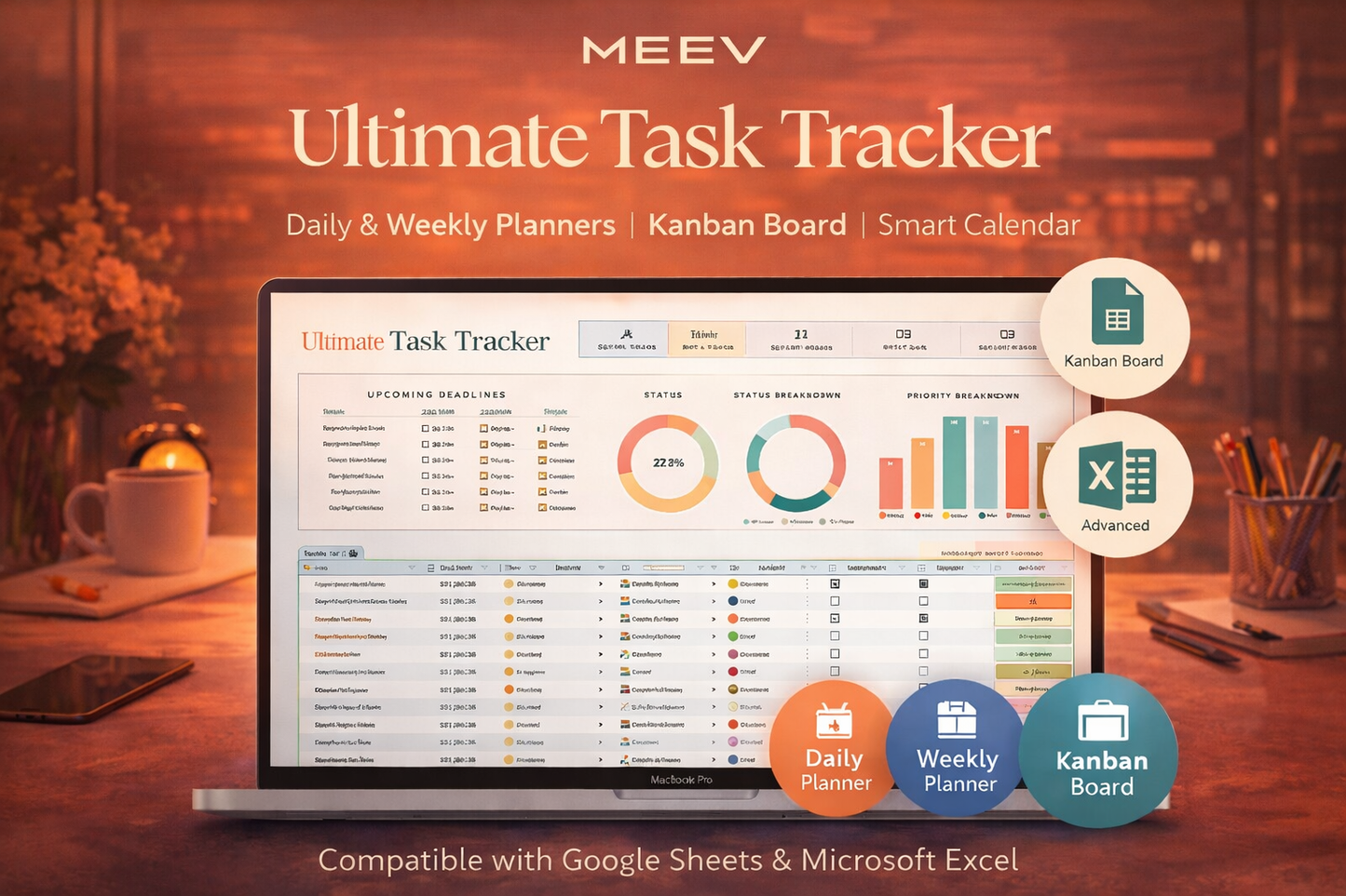 Ultimate Task Tracker Spreadsheet – Google Sheets & Excel Task Manager with Kanban Board, Eisenhower Matrix, Daily & Weekly Planner