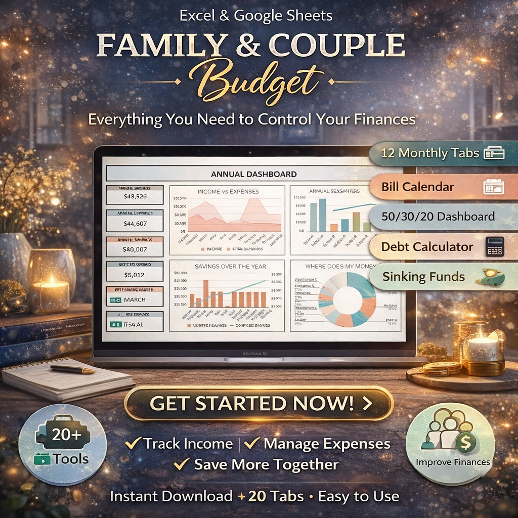 Family Annual Budget Excel Spreadsheet & Google Sheets Monthly & Biweekly Budget Tracker | Couple Financial Planner, Bill Calendar & Debt Tracker