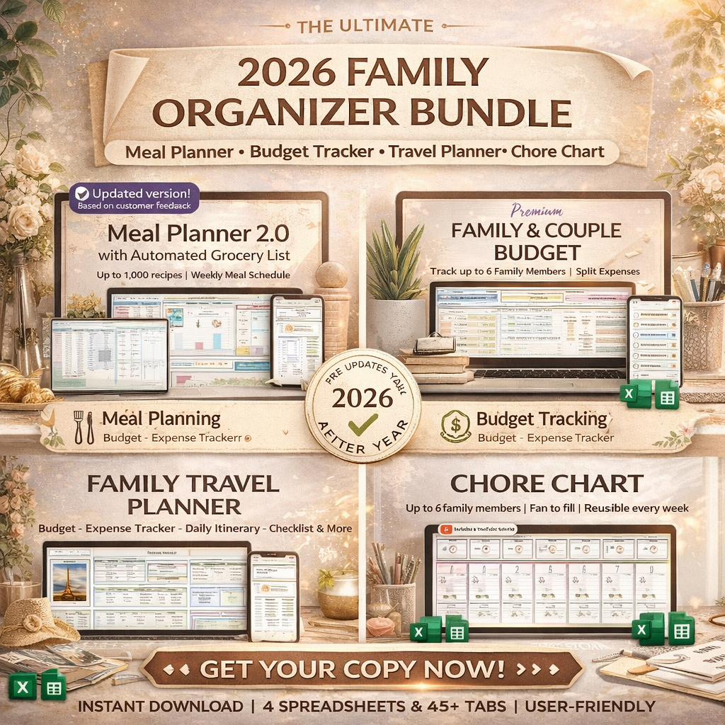 Ultimate Family Organizer Bundle – Family Budget, Meal Planner, Travel Planner & Chore Chart (Excel & Google Sheets)