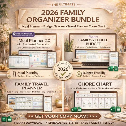 Ultimate Family Organizer Bundle – Family Budget, Meal Planner, Travel Planner & Chore Chart (Excel & Google Sheets)