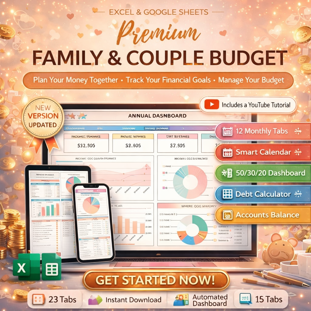 Premium Family & Couple Budget Spreadsheet for Google Sheets & Excel – Annual, Monthly & Biweekly Budget Planner with Debt Tracker, Bill Calendar, Net Worth & Investment Tracker