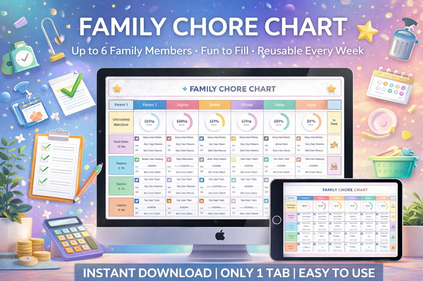 Family Chore Chart Google Sheets & Excel Template – Weekly Cleaning Schedule Planner for Kids & Parents