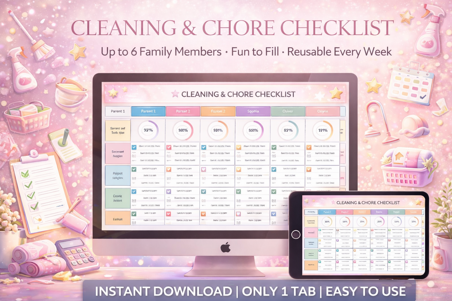 Family Chore Chart Google Sheets & Excel – Weekly Cleaning Schedule & Daily Chore Chart for Kids | Busy Mom Household Planner